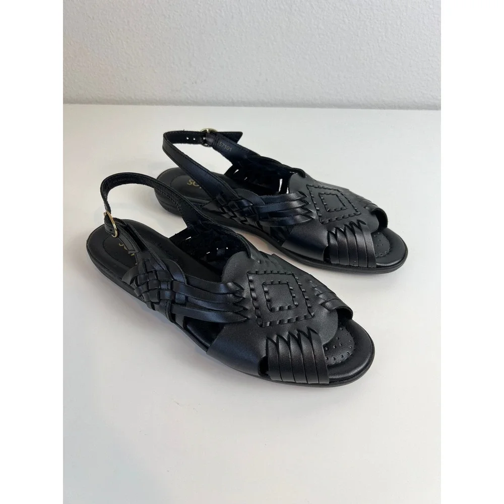 Softspots Black‎ Leather Woven Slingback Sandals Womens 8M Comfort Boho Shoes